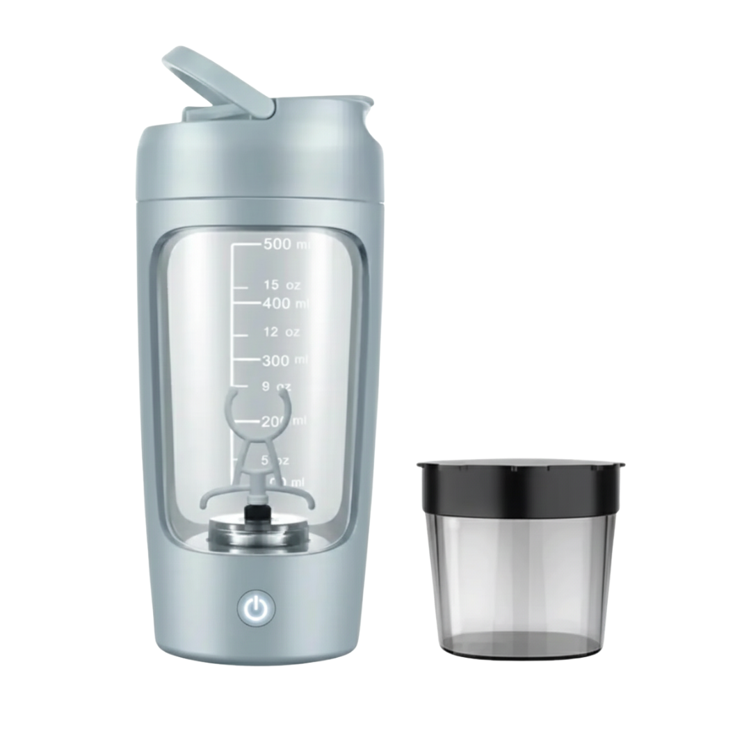 Gray electric shaker bottle with a black cap on a white background