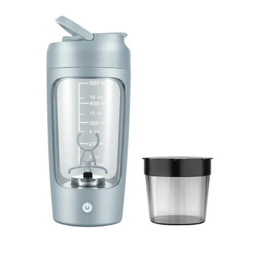 Gray electric shaker bottle with a black cap on a white background