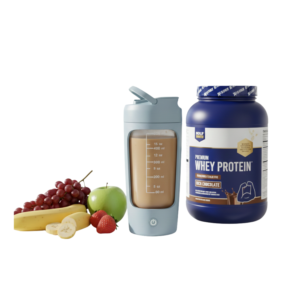 Protein shake container, whey protein powder, and fruits on a white background