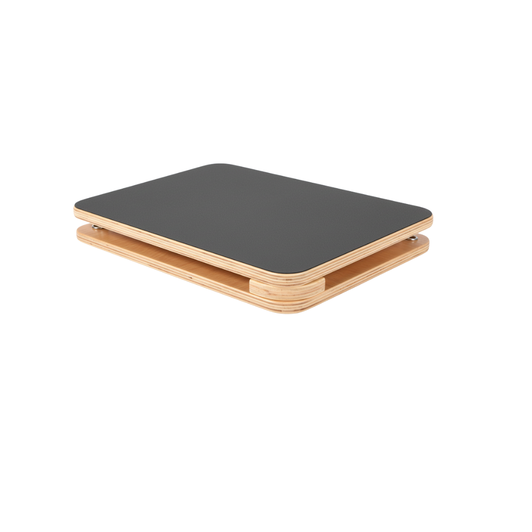 Wooden adjustable calf stretcher stand with a black surface on a white background