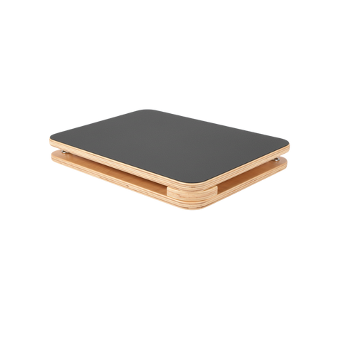 Wooden adjustable calf stretcher stand with a black surface on a white background