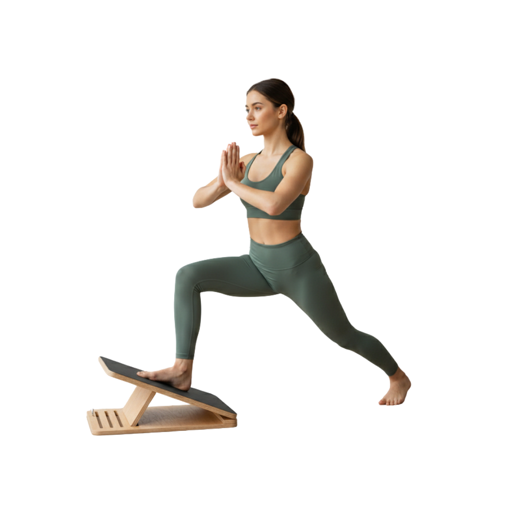 Woman in green athletic wear performing a yoga pose with a wooden balance board on a white background