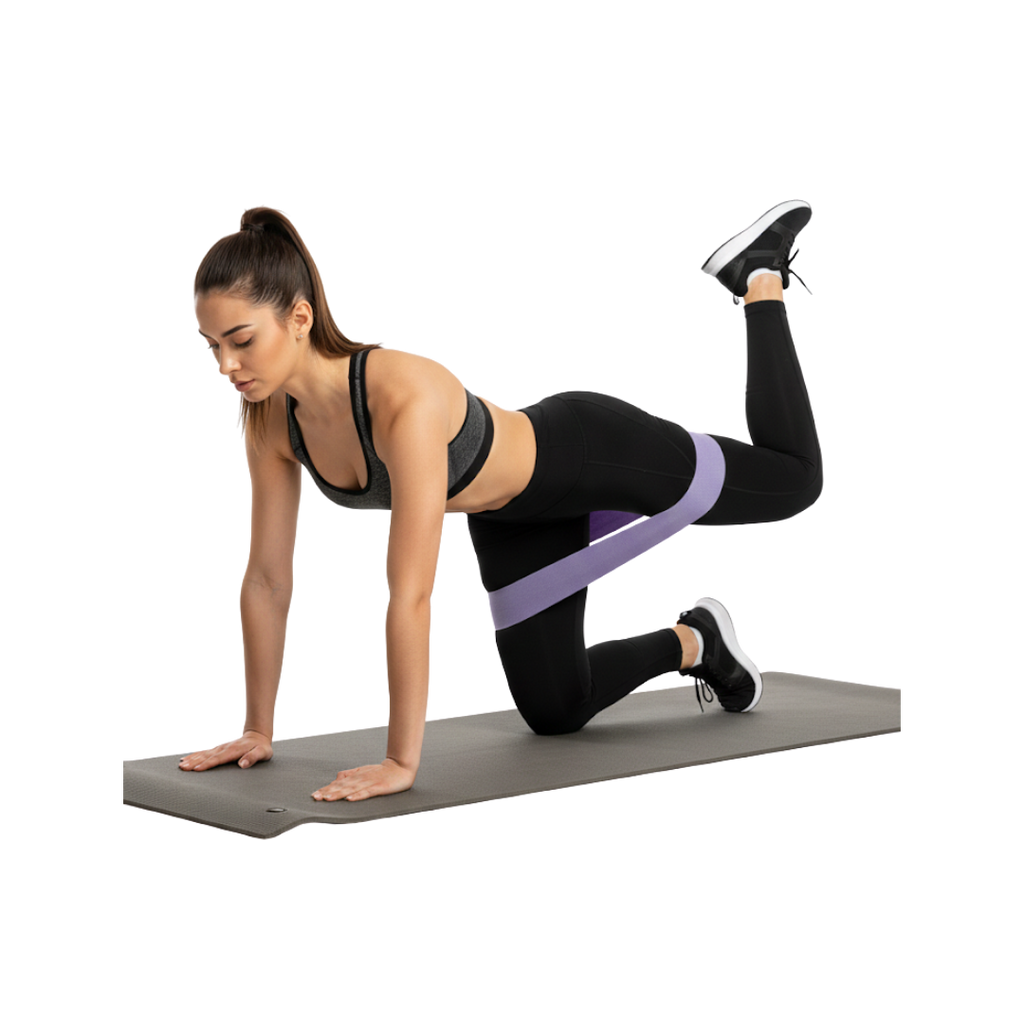 Woman exercising with a resistance band on a mat