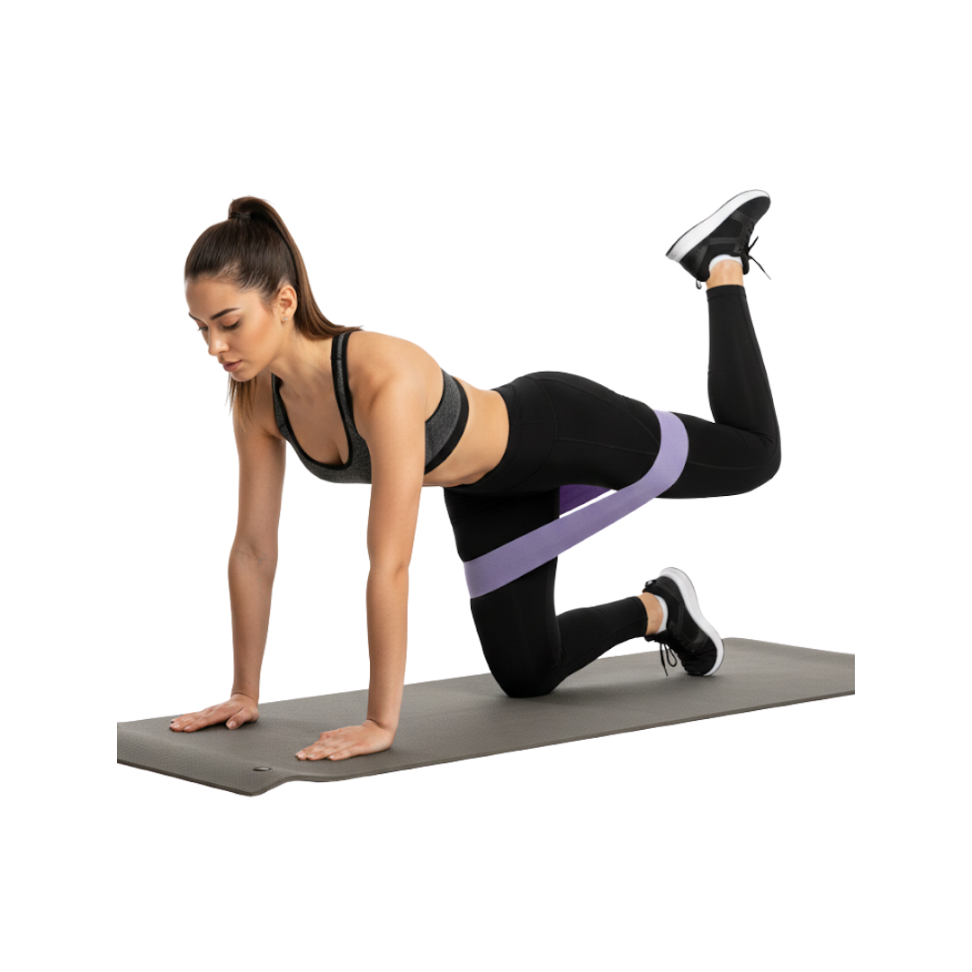 Woman exercising with a resistance band on a mat