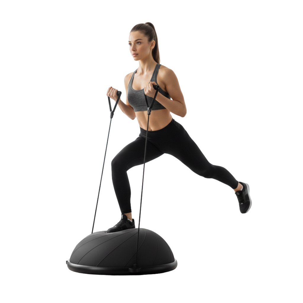 Woman performing core exercise on black MuseCore balance ball