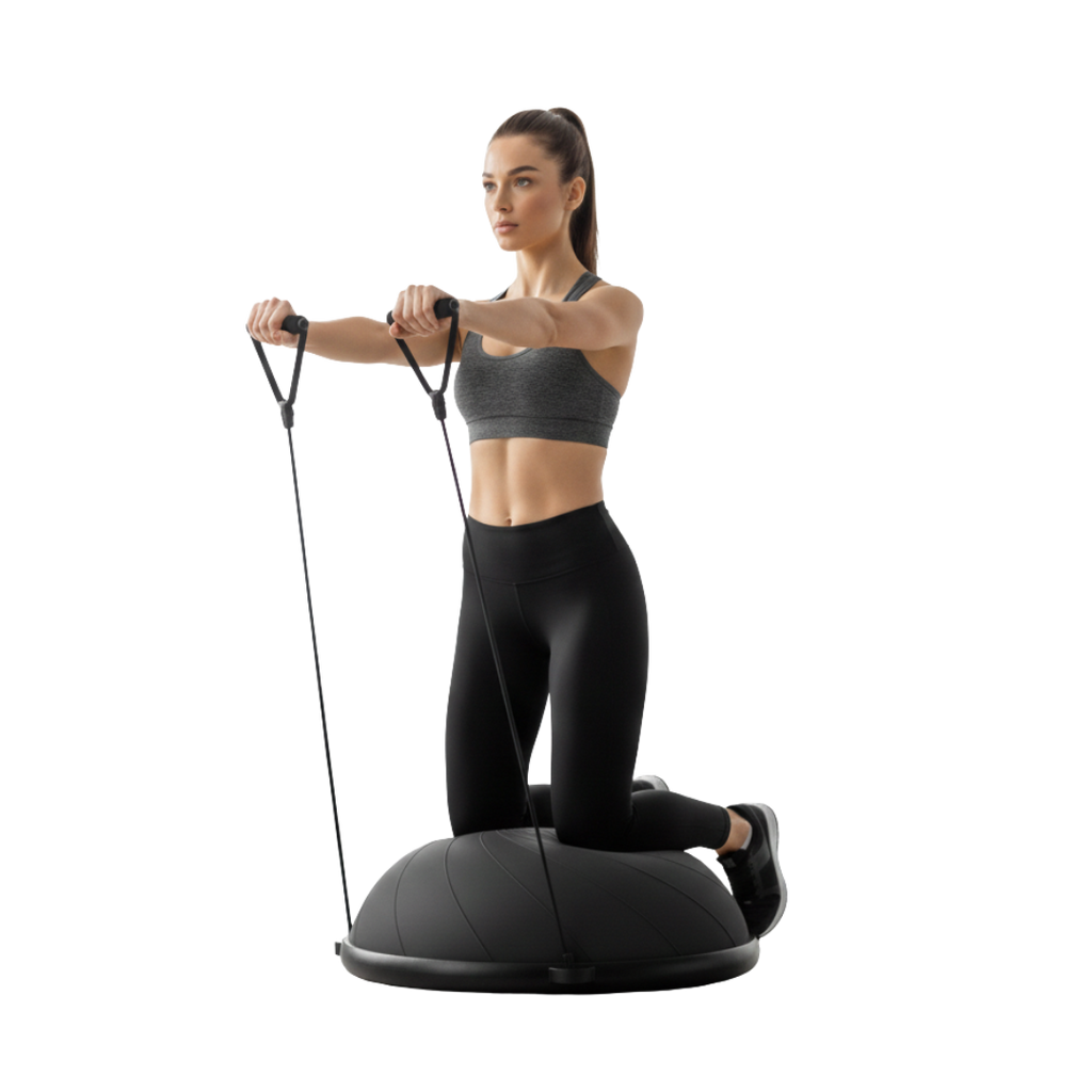 Woman performing core exercise on black MuseCore balance ball
