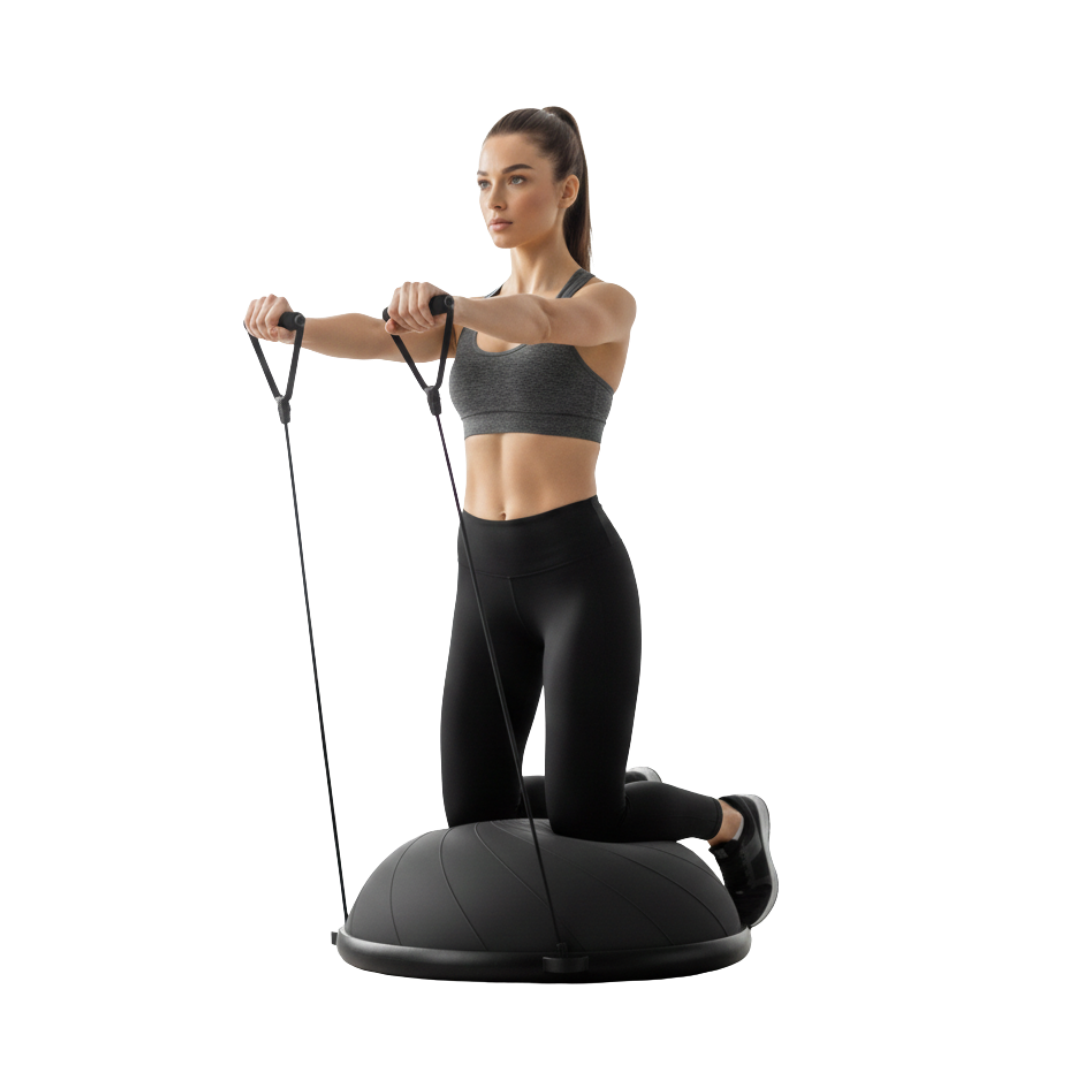Woman performing core exercise on black MuseCore balance ball